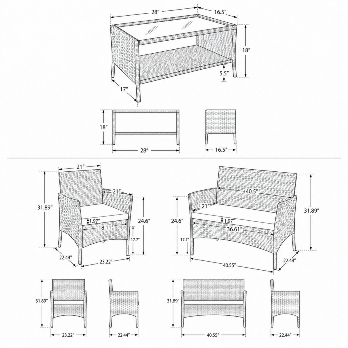 Detailed dimension specifications and layout guide for the Kouvr 4-piece wicker loveseat, chairs, and table showing exact seating measurements for space planning.