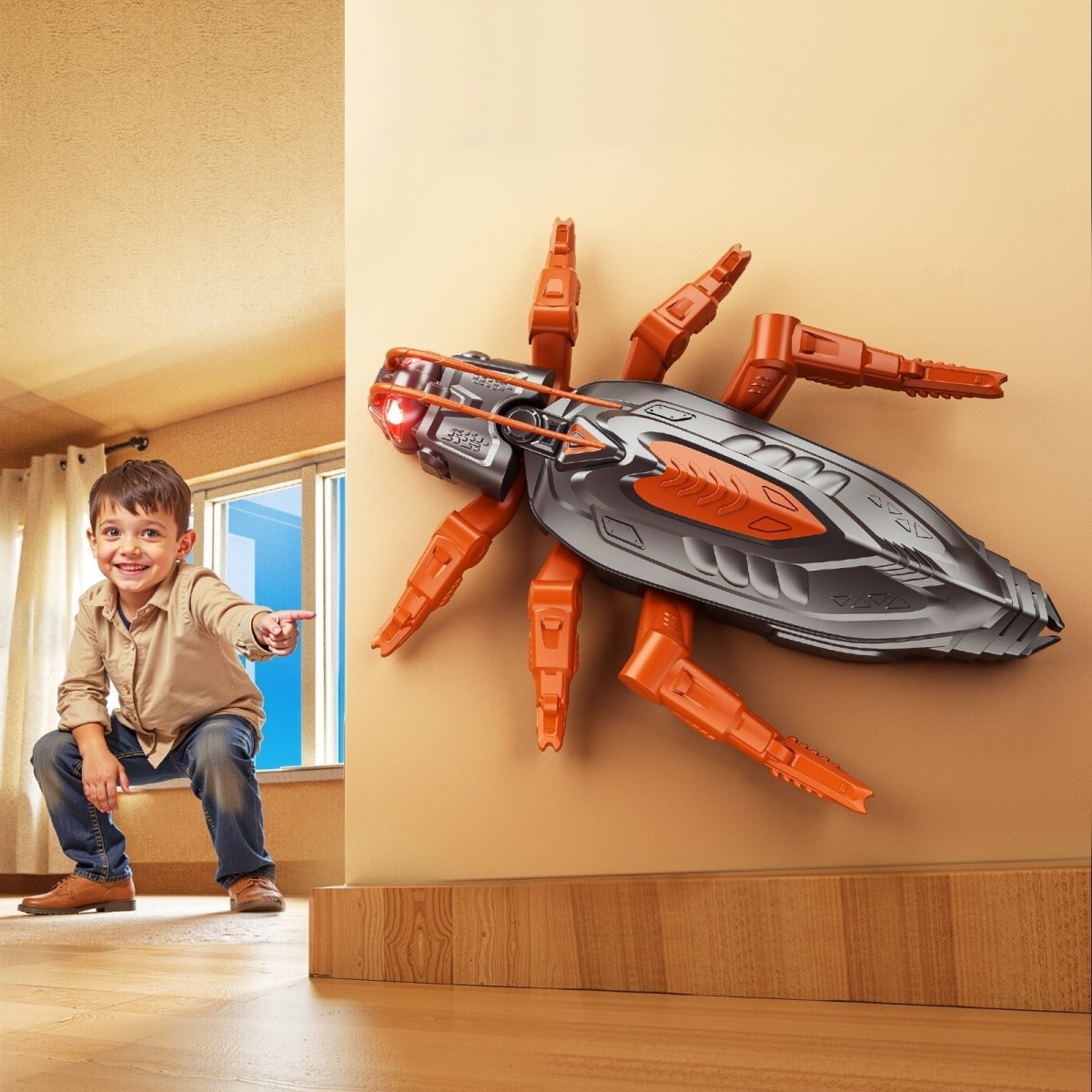 An orange and black remote-controlled wall-climbing insect model by Kouvr, with six legs and glowing red eyes, next to its matching controller.