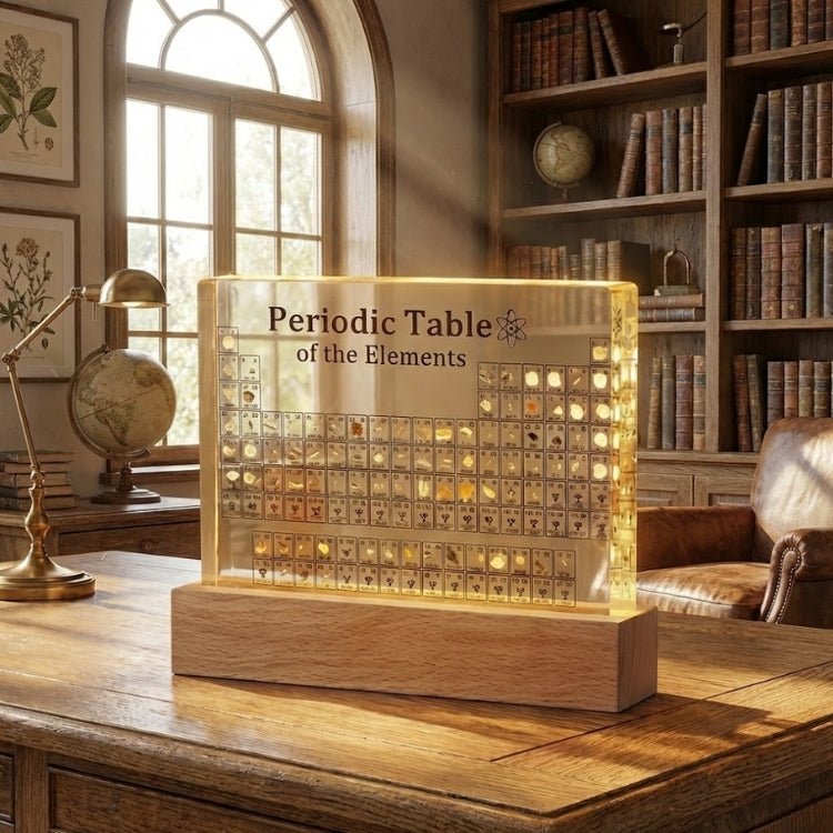 The Kouvr acrylic periodic table with real elements glowing warmly on a desk in a classic library, highlighting it as a luxury science gift.