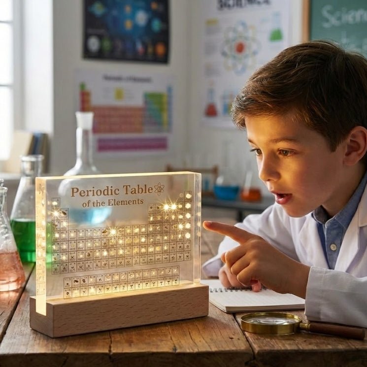 A young boy in a lab coat points with excitement at a specific element inside the glowing Kouvr real elements periodic table display.