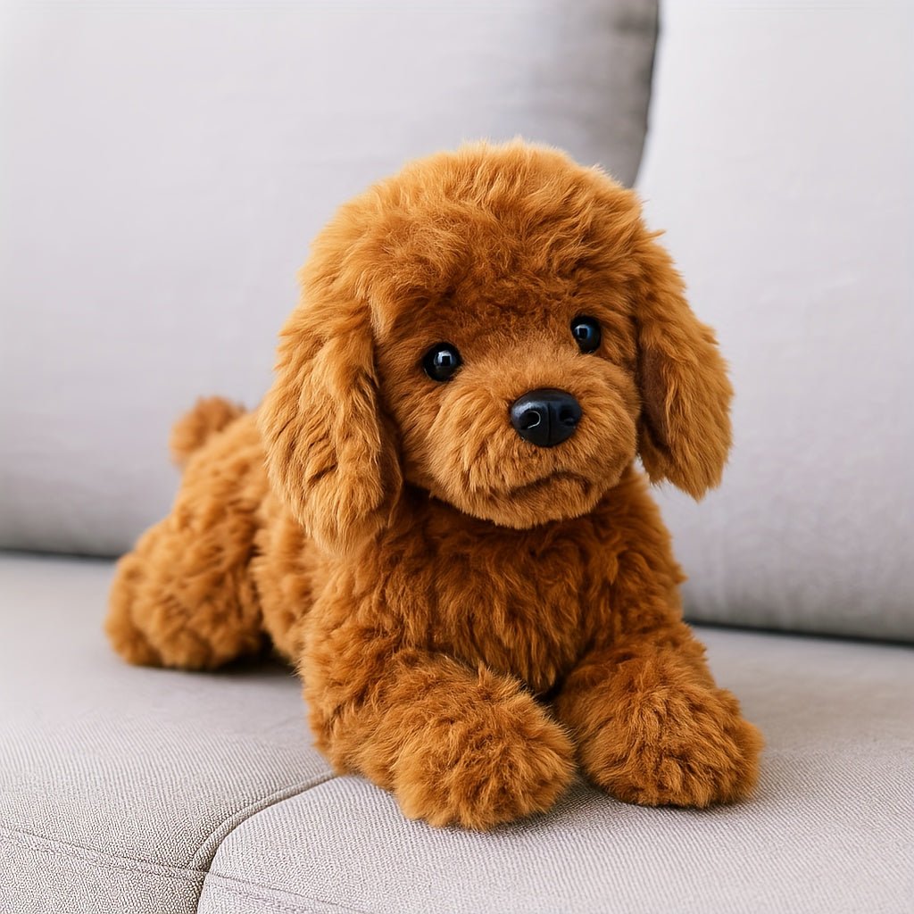 A realistic brown poodle stuffed animal with curly fur and lifelike eyes, sitting attentively on a light gray sofa.