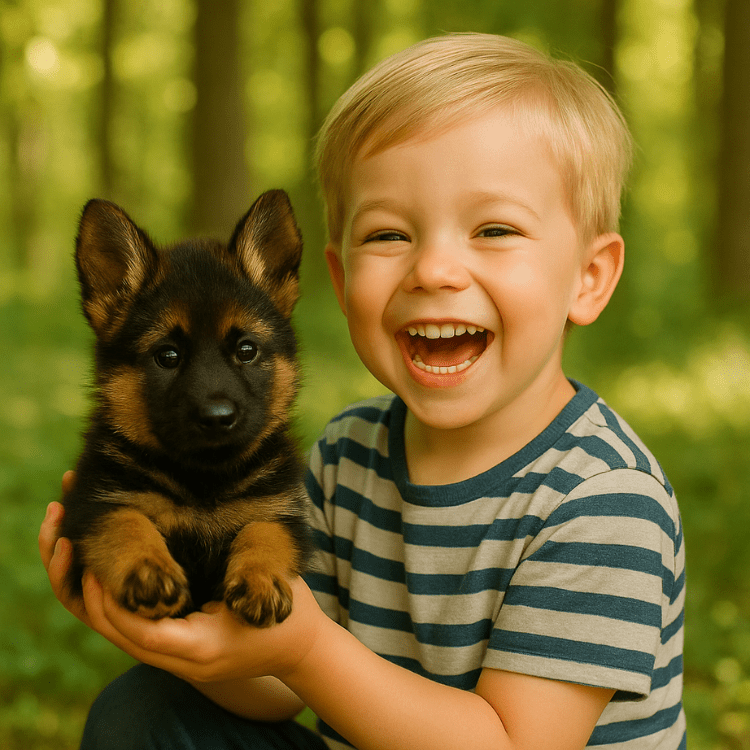 A joyful young boy laughing hysterically while holding the lifelike Kouvr Fashion robot German Shepherd puppy in a forest setting, capturing the happiness of gifting a premium interactive toy pet.