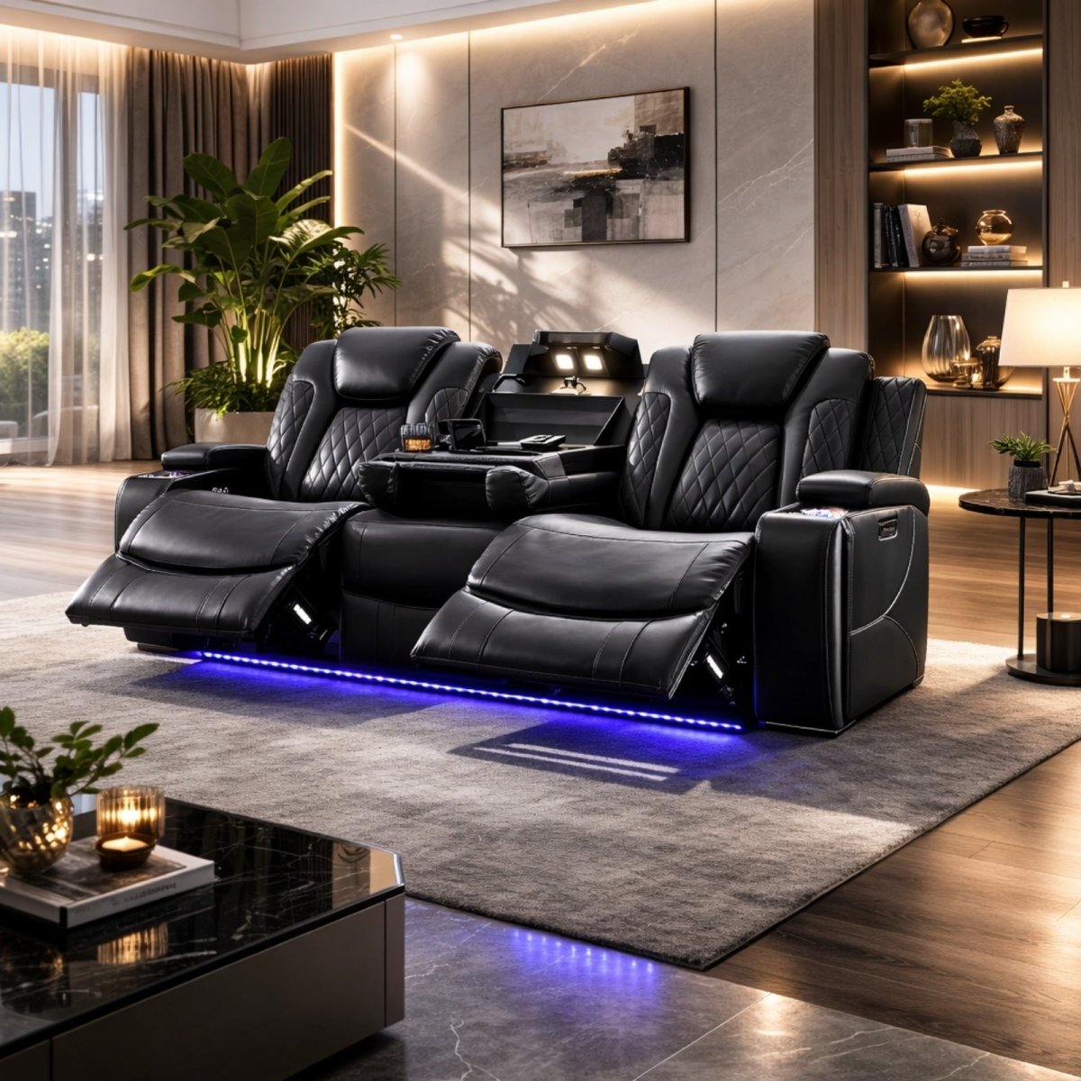 Detail shot of padded armrest with hidden storage and built-in USB charging port for mobile devices.