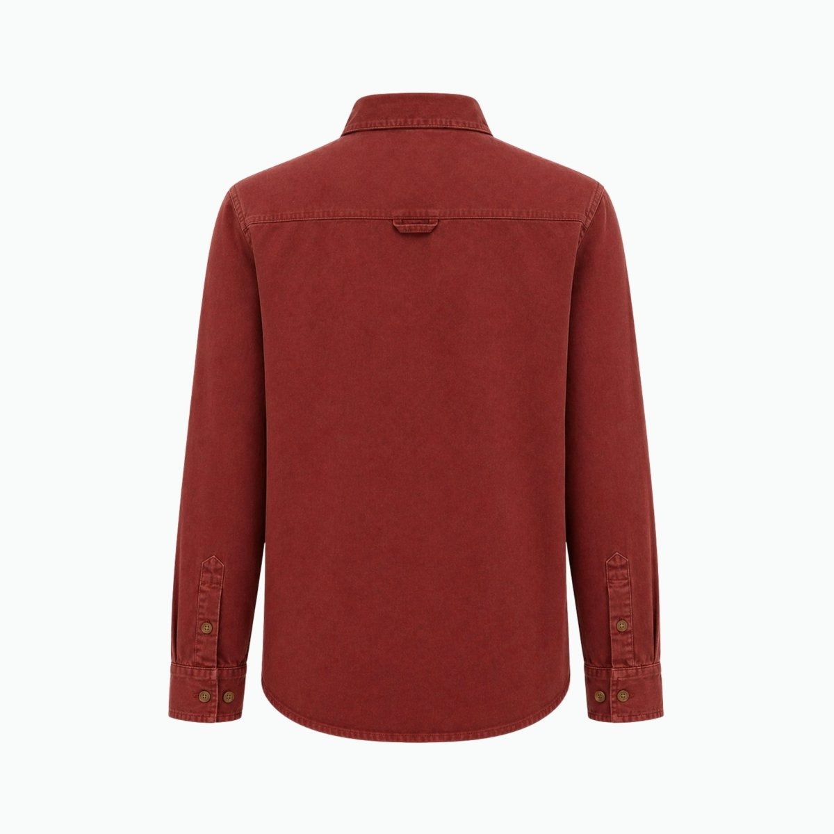Flatlay back view of the Kouvr red button down blouse showing the structured back yoke and curved hem.