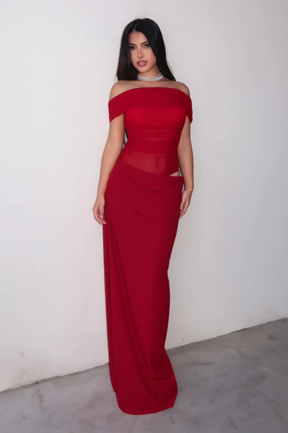 Red Off-Shoulder Cutout Gown | Sheer Ruched Bodice Maxi Dress | Formal Evening Gown Asymmetrical Draped Skirt for Prom Gala & Wedding Guest Red Off-Shoulder Cutout Gown | Sheer Ruched Bodice Maxi Dress | Formal Evening Gown Asymmetrical Draped Skirt for Prom Gala & Wedding Guest
