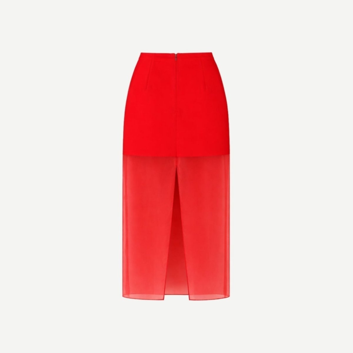 Back view of isolated red sheer overlay maxi skirt showing zipper and slit detail.