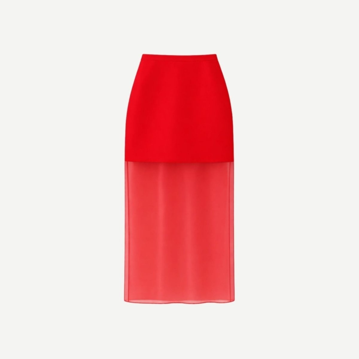 Front view of isolated red sheer overlay maxi skirt garment.