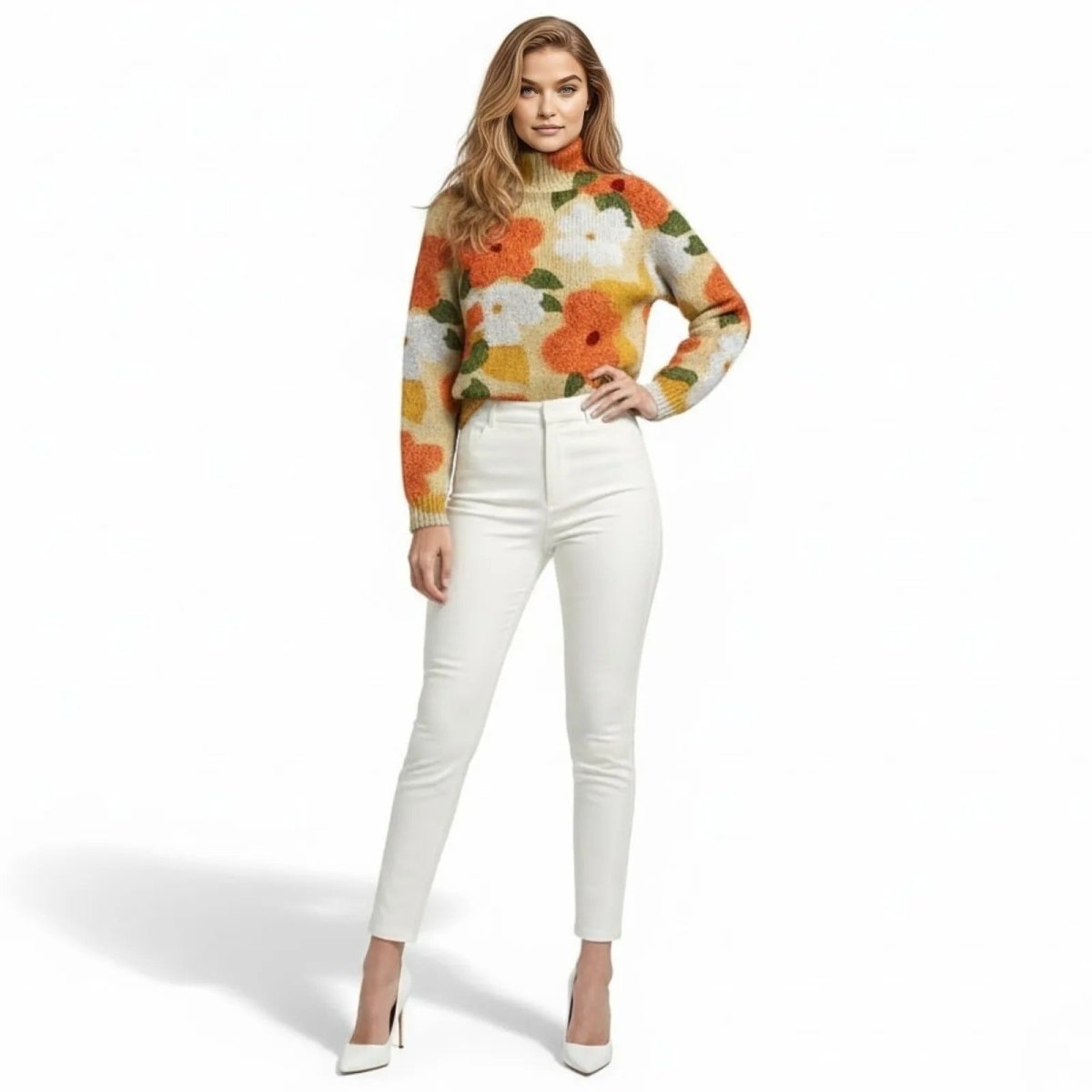 Model wearing the Kouvr Regina floral mohair-blend turtleneck sweater with high-waisted white pants and white heels.