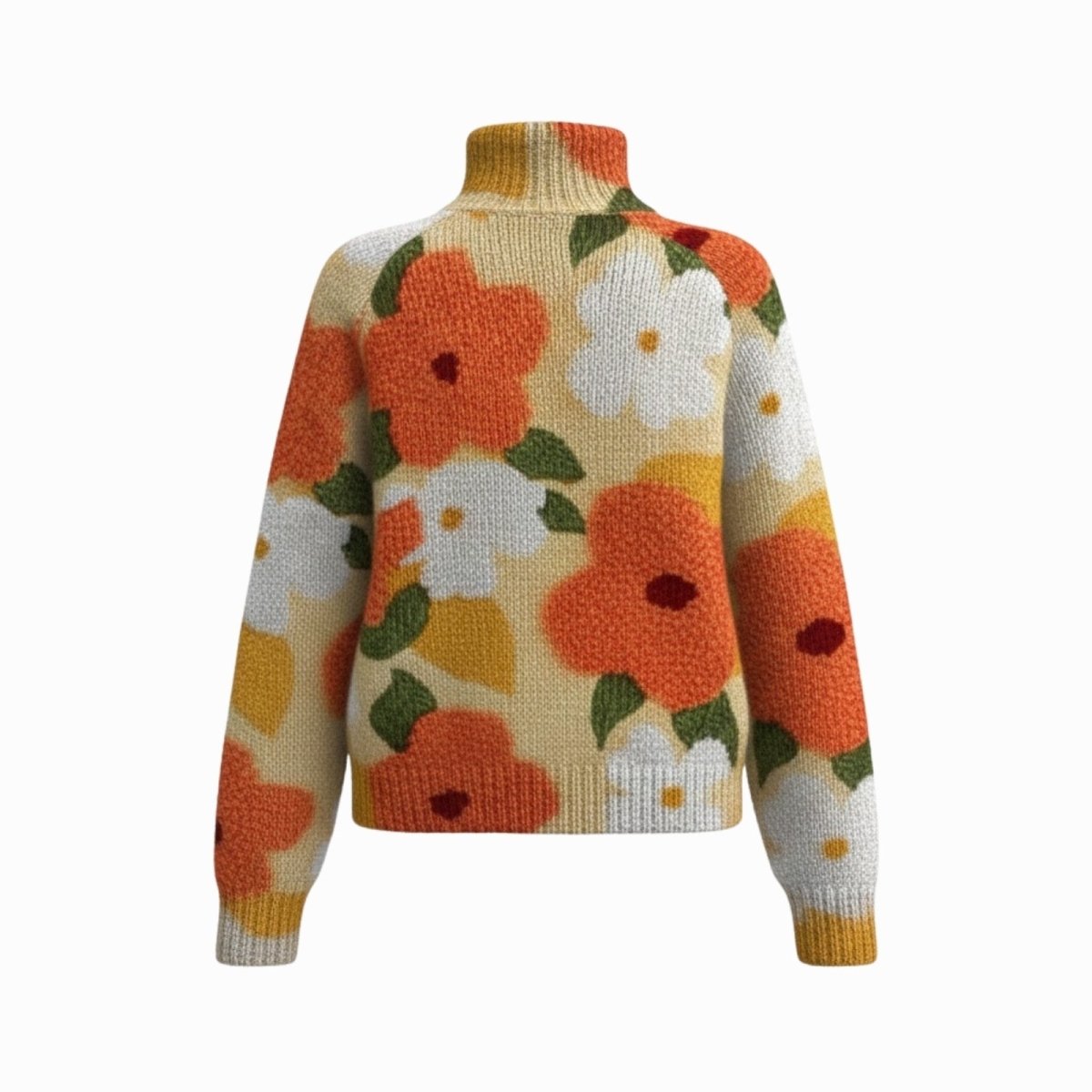 Product-only image of the Kouvr Regina floral sweater, showing the texture of the intarsia knit and vibrant orange, white, and green colors.