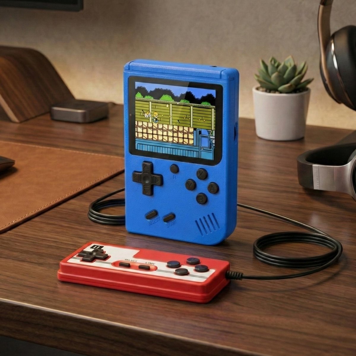 The Kouvr retro handheld console bundle including the blue handheld device, a second player controller, USB charging cable, TV AV output cable,