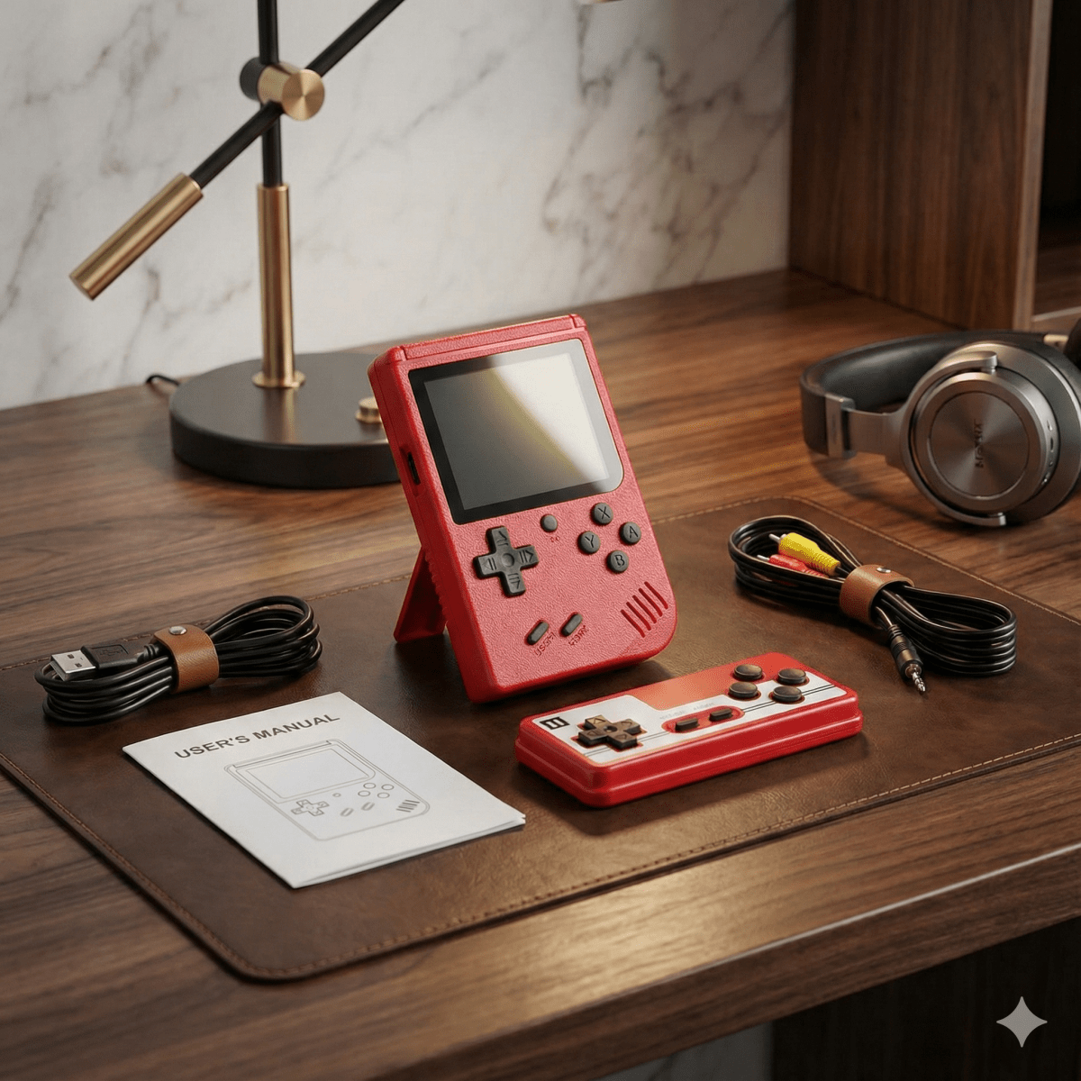 The Kouvr retro handheld console bundle including the red handheld device, a second player controller, USB charging cable, TV AV output cable, and user manual.