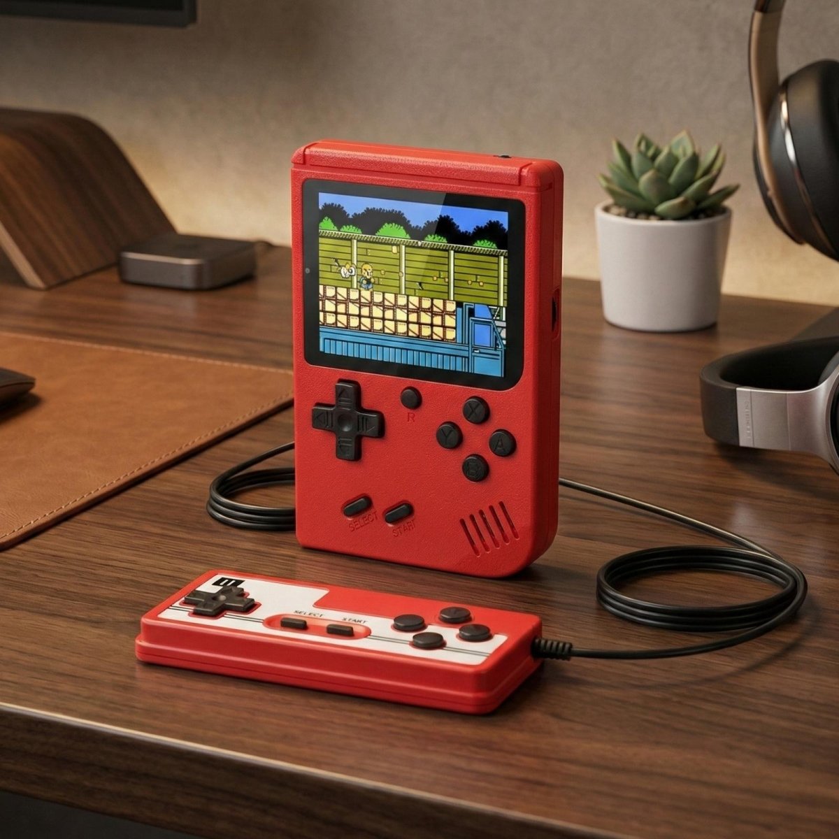 The Kouvr retro handheld console bundle including the red handheld device, a second player controller, USB charging cable, TV AV output cable,