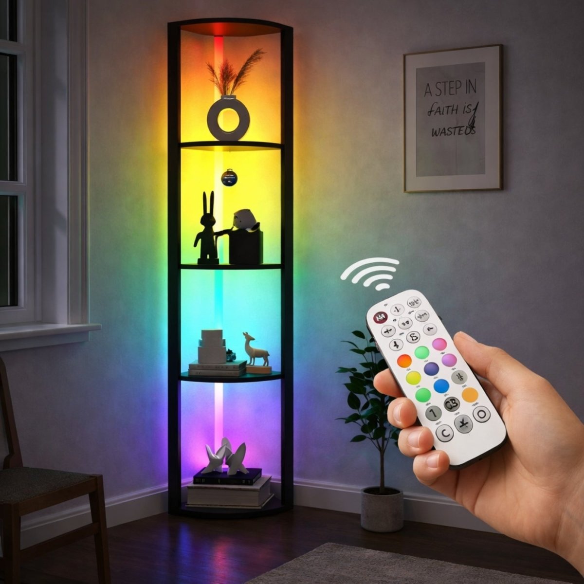 Kouvr modern black corner shelf illuminated with rainbow RGB LED gradient lighting, displaying decor items and books against a dark wall.