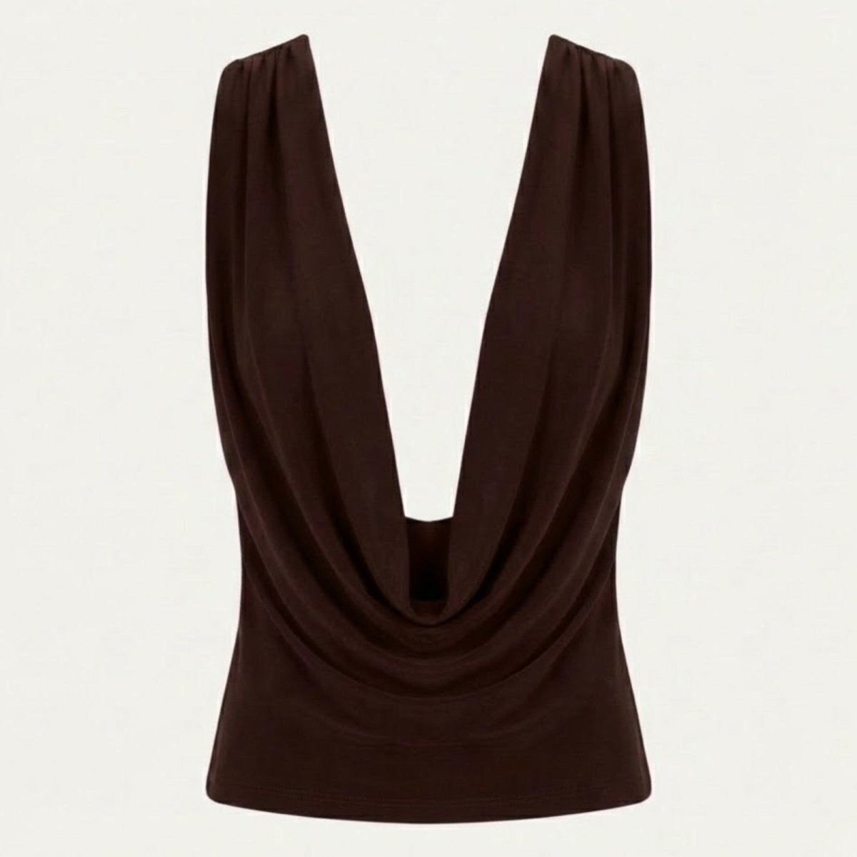 Flat lay of the Kouvr Rhea top showing the dramatic plunging cowl neck drape in rich dark brown jersey.