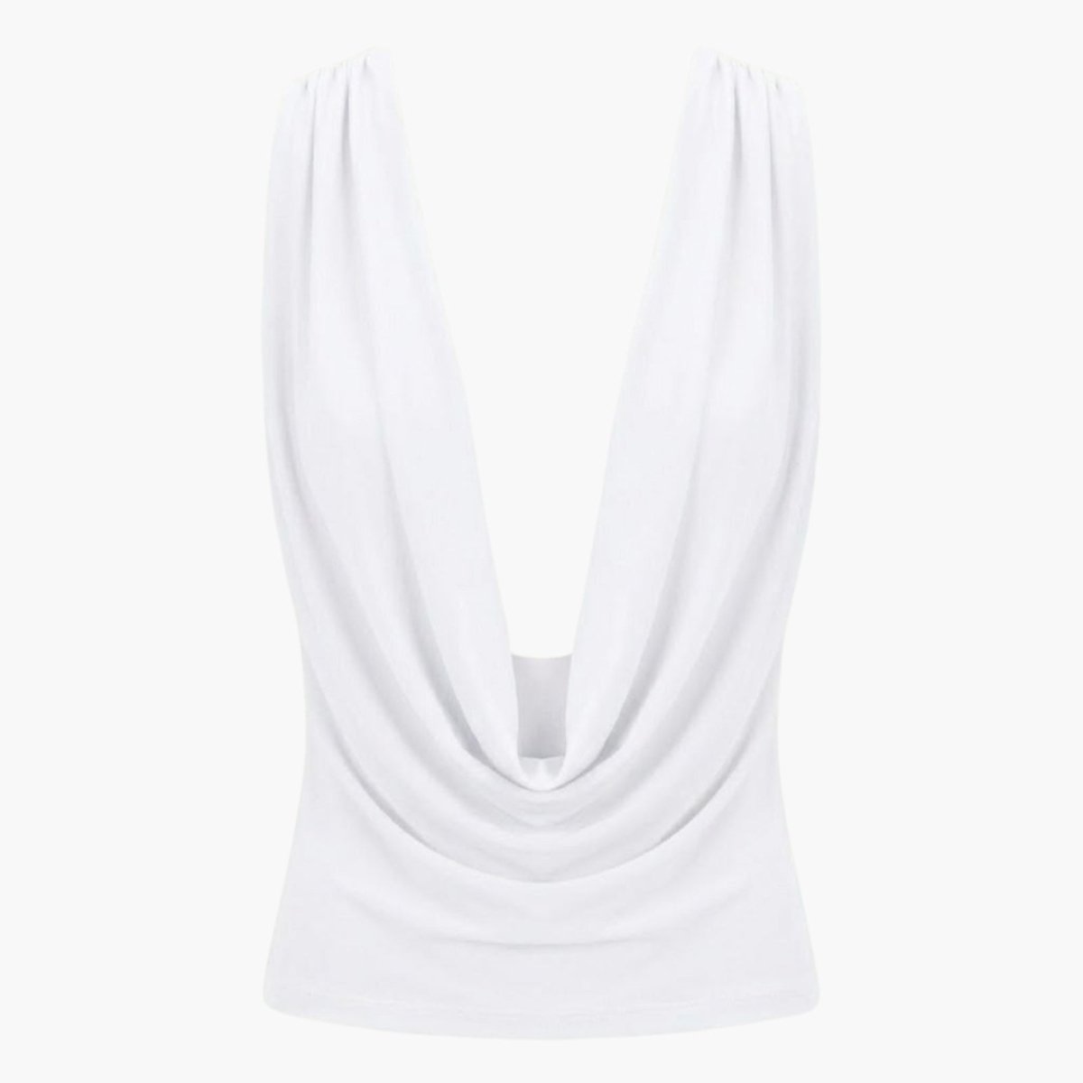 Flat lay of the white cowl neck blouse from the front, displaying the deep draped neckline and soft fabric texture.