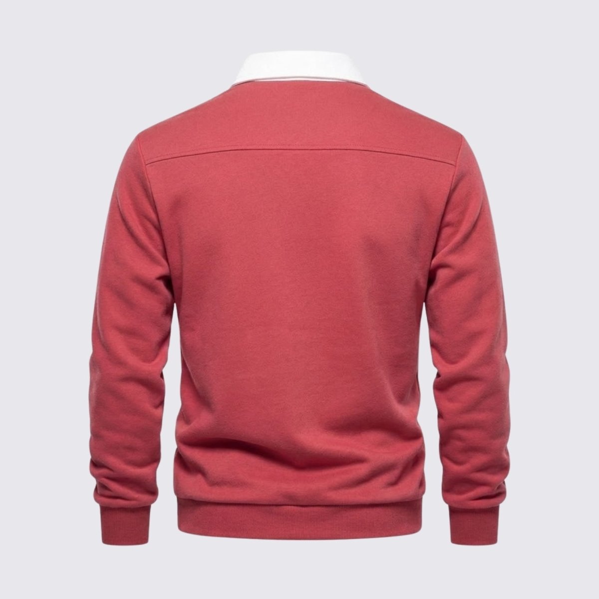 Back view flat lay of the Kouvr Rhodes long sleeve polo sweater in rosewood red, showing yoke detailing.