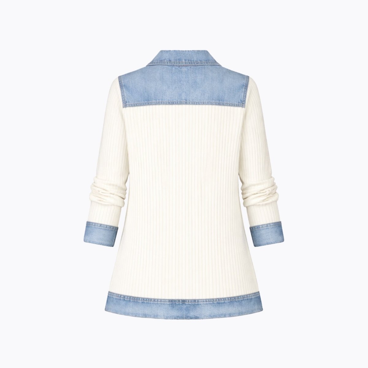 Ghost mannequin flat lay back view of Kouvr women's hybrid knitwear jacket highlighting denim upper back panel