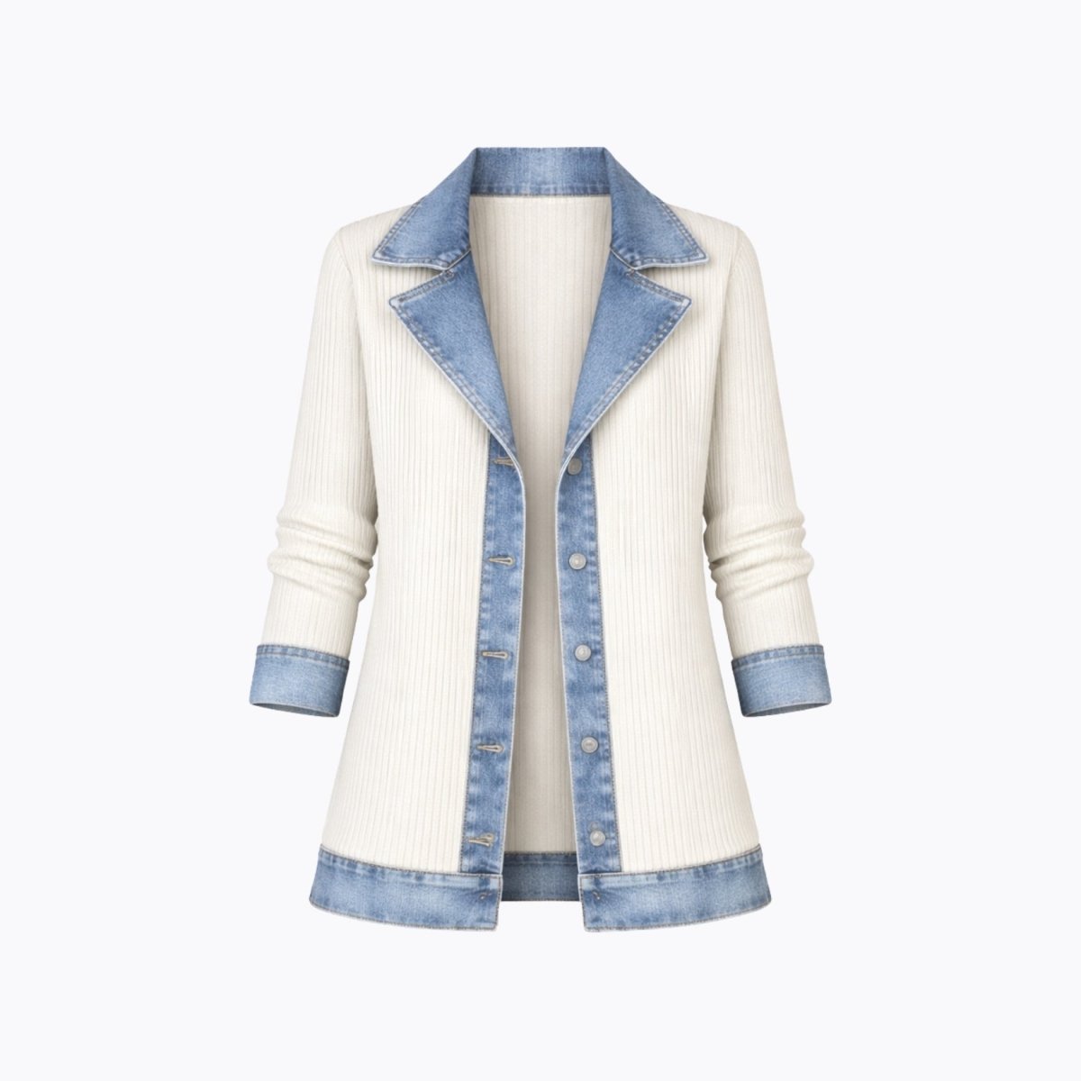 Ghost mannequin flat lay product view of cream ribbed knit jacket with blue denim notch lapel and button placket