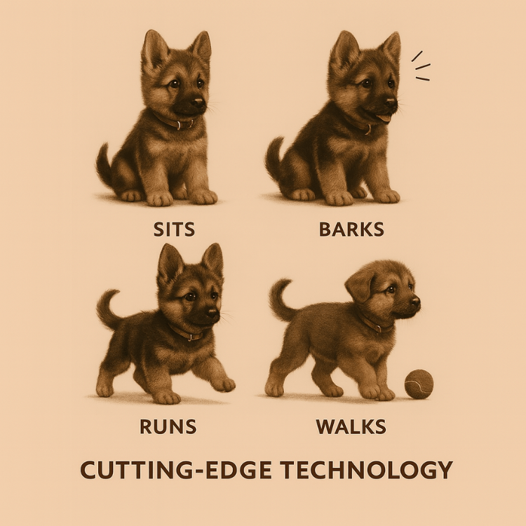 An infographic illustration detailing the interactive functions of the Kouvr Fashion robot dog: sitting, barking, running, and walking, labeled as cutting-edge toy technology.