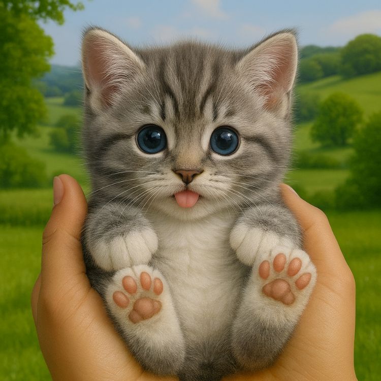 A person holding a small, lifelike gray tabby robot kitten with blue eyes and soft plush fur.