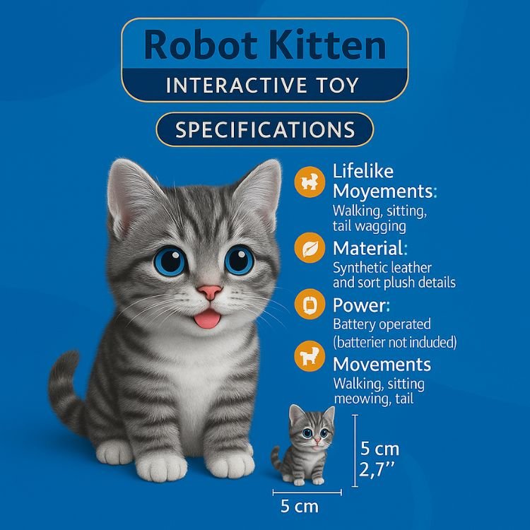 Product specifications for the Kouvr Robot Kitten, showing its size and features like walking, meowing, and tail wagging.
