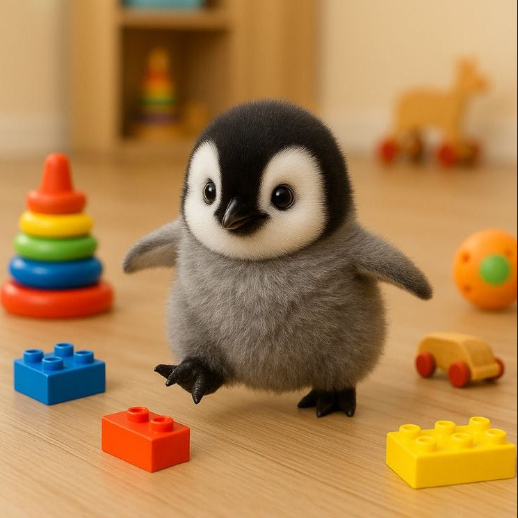 The Kouvr waddling baby penguin interactive toy on a wooden floor surrounded by colorful children's building blocks.