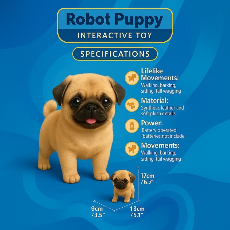 Infographic showing the features and dimensions of the Kouvr robot pug puppy interactive toy, highlighting its lifelike movements and material.