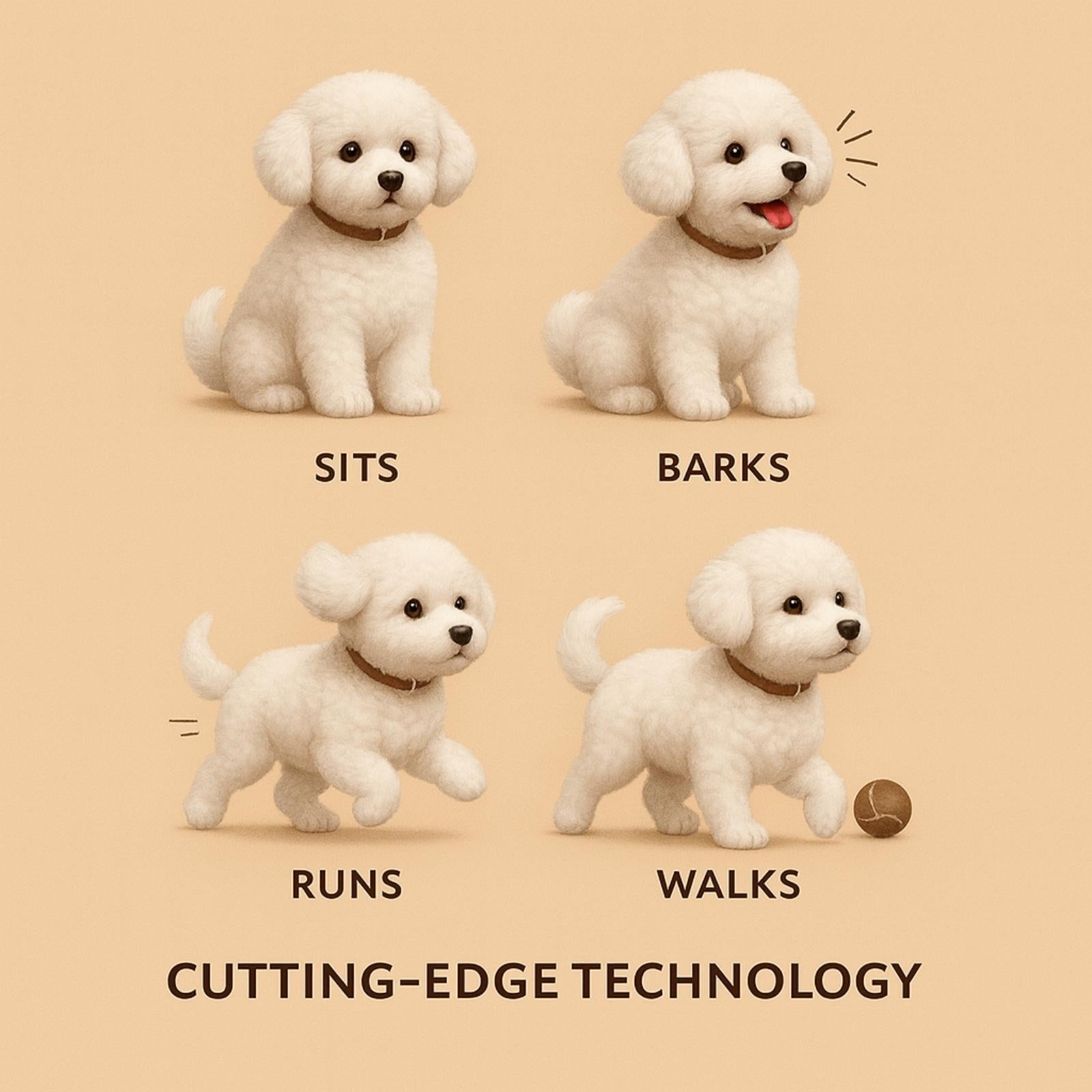 A graphic illustrating the four main actions of the Kouvr robot puppy: it sits, barks, runs, and walks, demonstrating its cutting-edge technology.