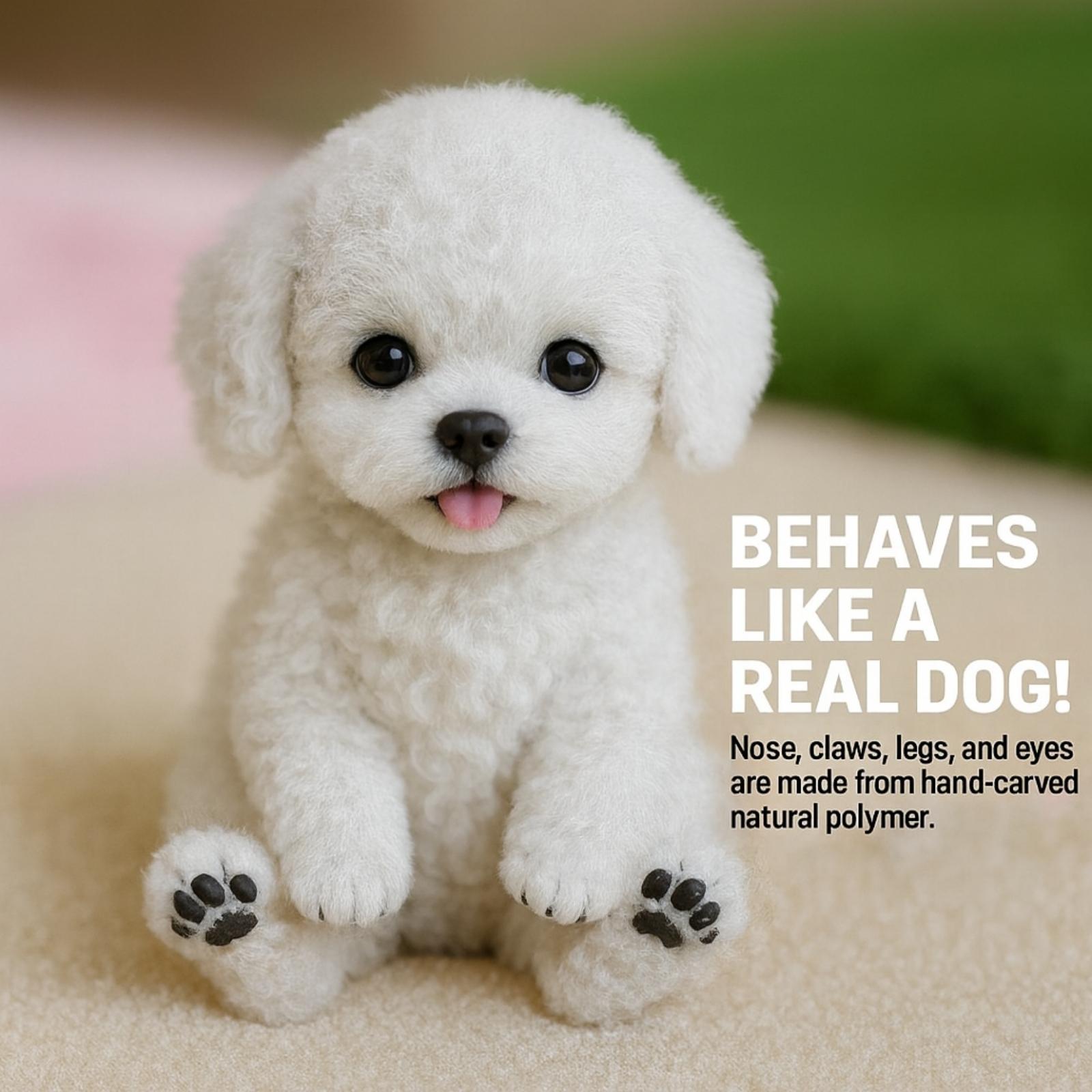 A close-up of the Kouvr robot puppy sitting, with text highlighting that it behaves like a real dog with hand-carved details.