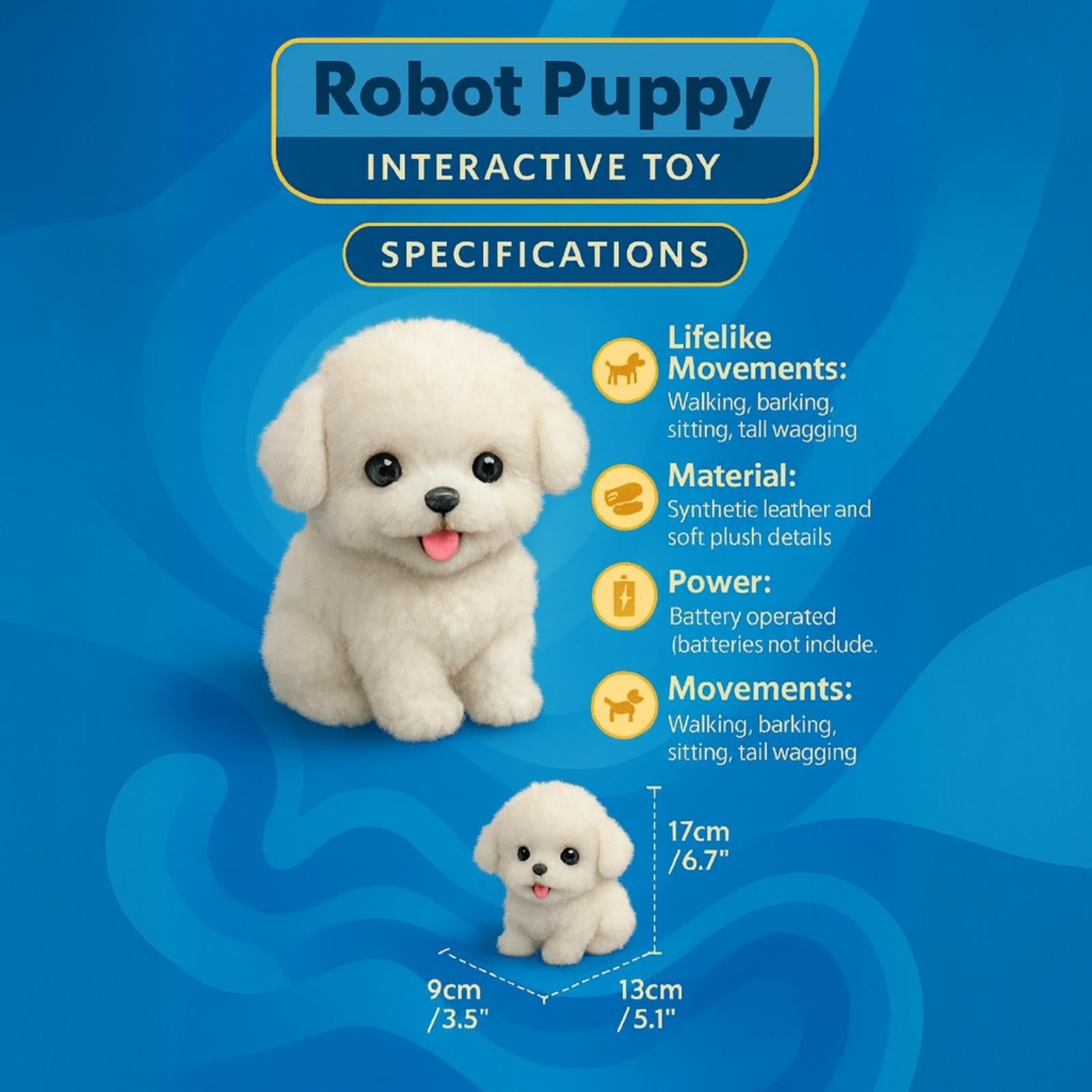 An infographic showing the specifications and dimensions of the Kouvr interactive robot puppy, listing its movements and materials.