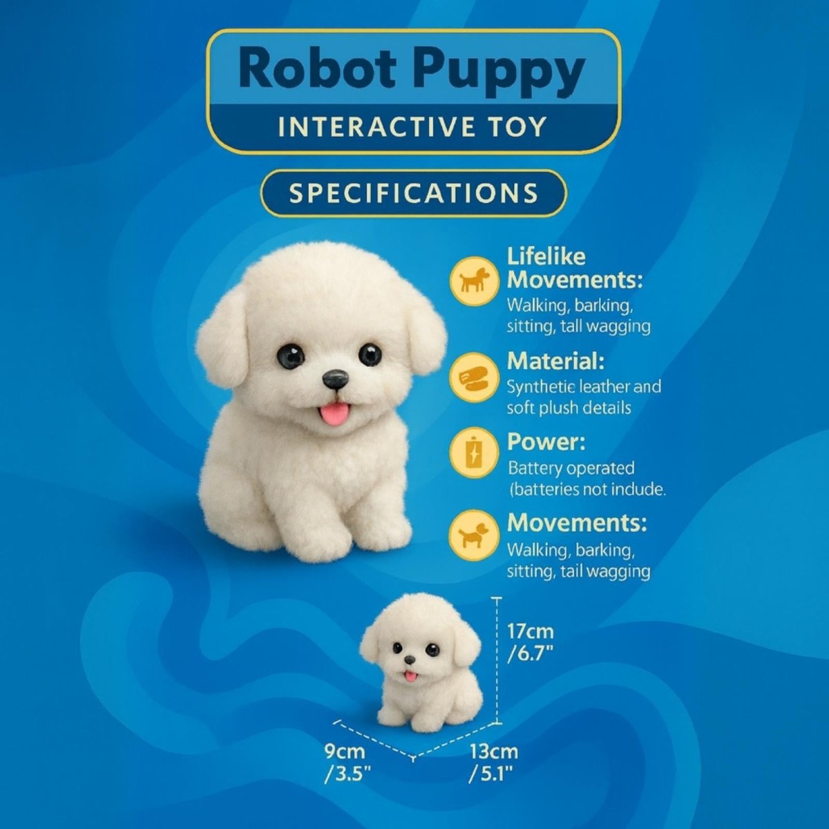 An infographic showing the specifications and dimensions of the Kouvr interactive robot puppy, listing its movements and materials.