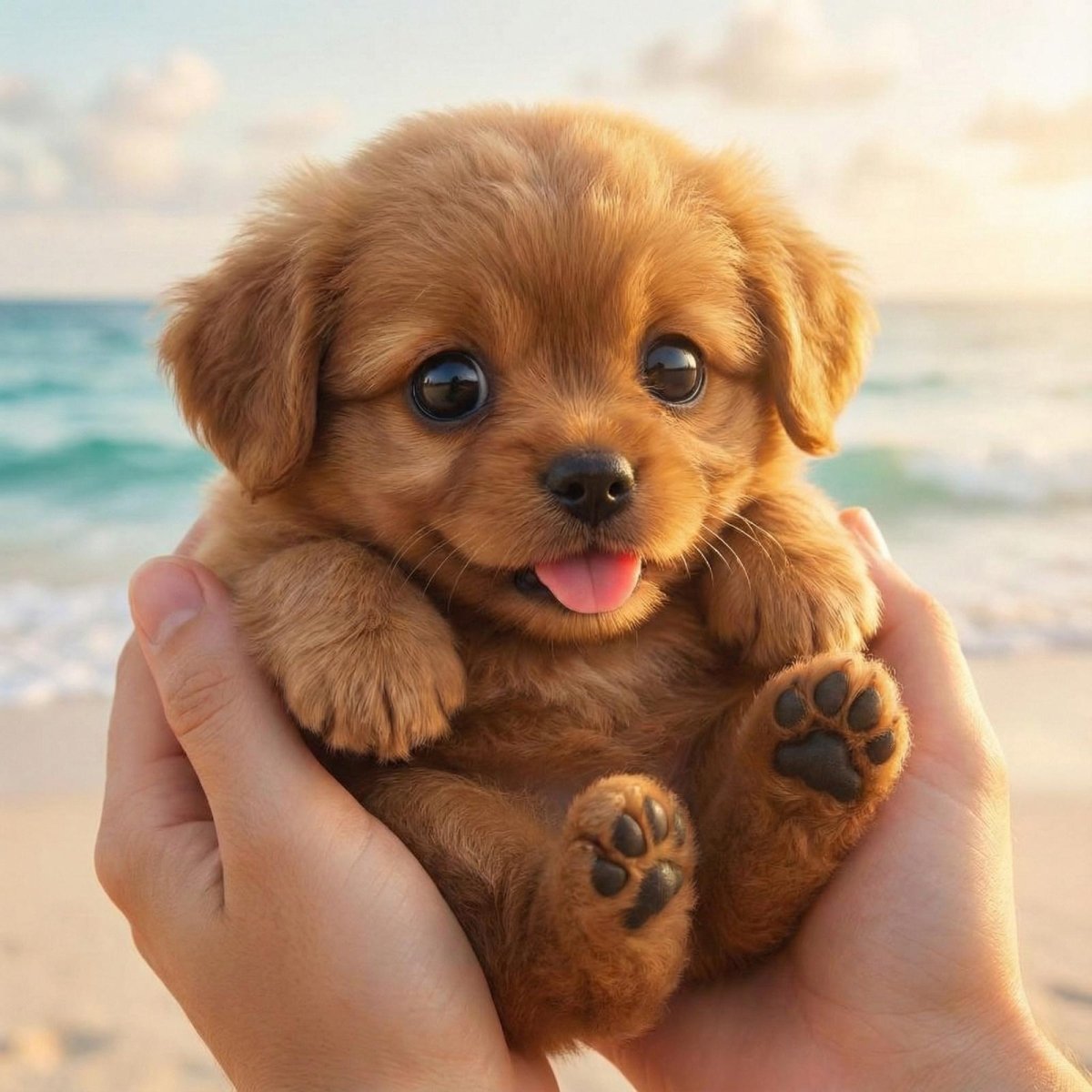 A person's hands holding a small, white, fluffy Kouvr robotic companion puppy toy with the ocean and beach in the background.