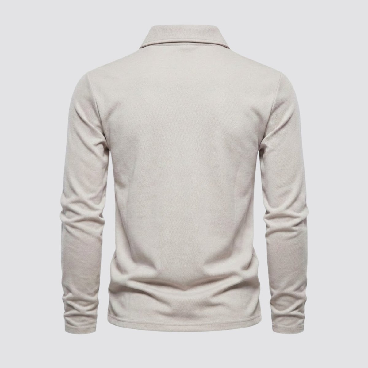 Back product shot of the Kouvr men's long sleeve polo shirt showing the fine-gauge knit texture.