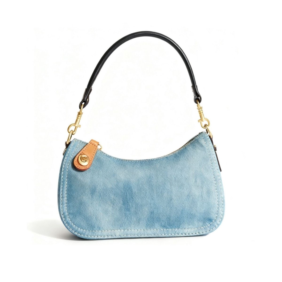 Kouvr Romy Light Wash Denim Baguette Shoulder Bag with Black Leather Strap on white background.
