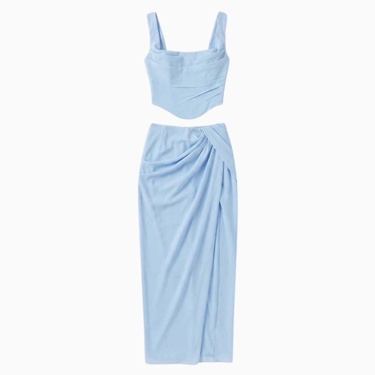 Flat lay of the light blue co-ord set, showing the front of the corset top and draped midi skirt