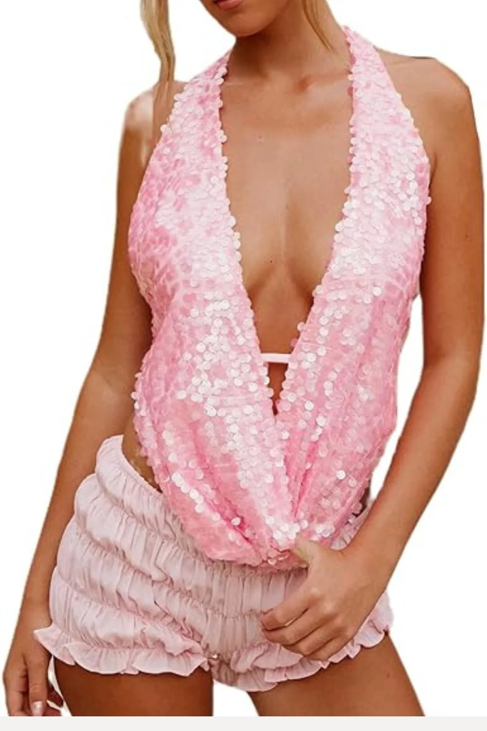 Model wearing Kouvr Fashion pink sequin backless cowl neck halter top with ruched shorts