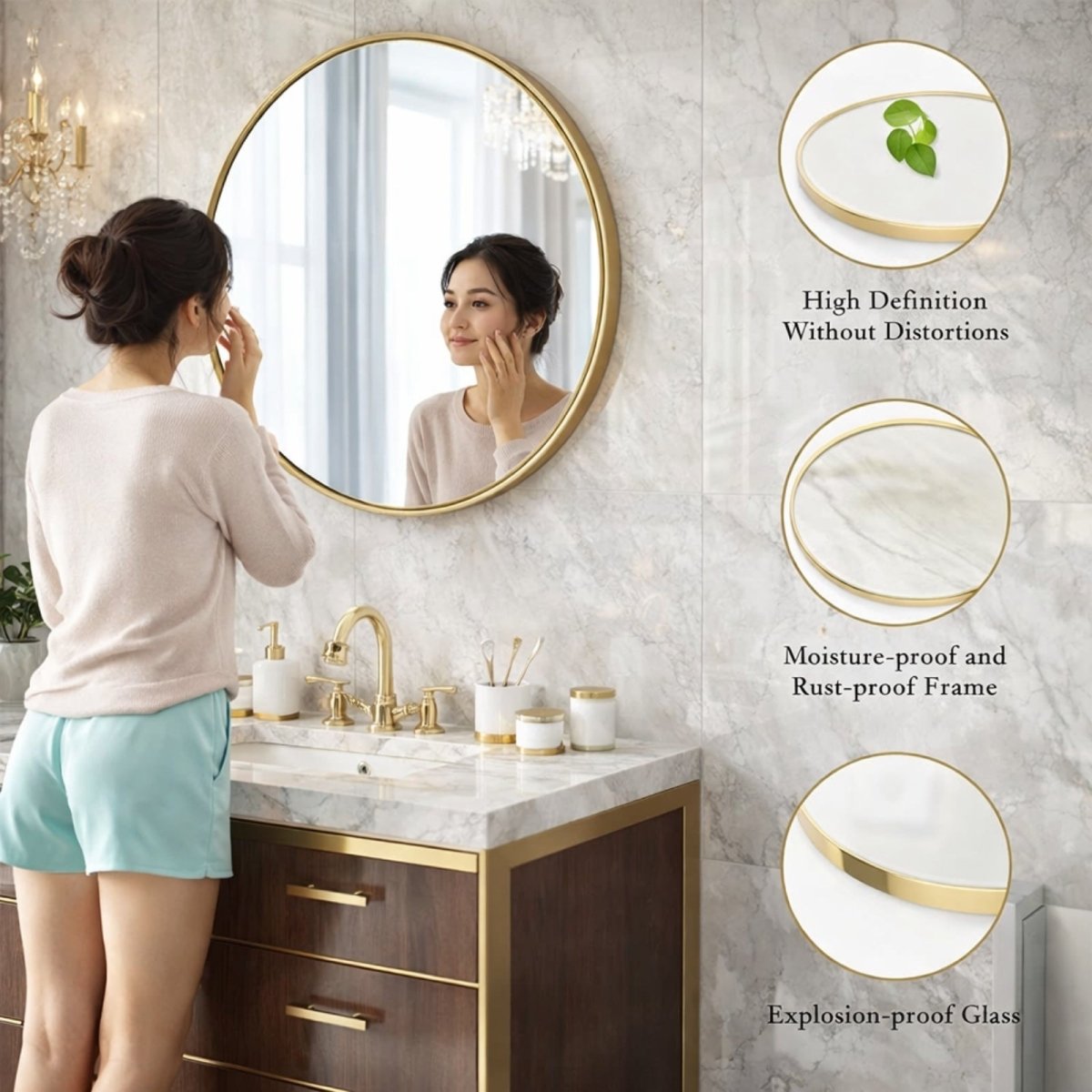 A 30-inch dimension graphic overlaid on an image of the Kouvr round mirror with a matte black frame in a modern bathroom setting.