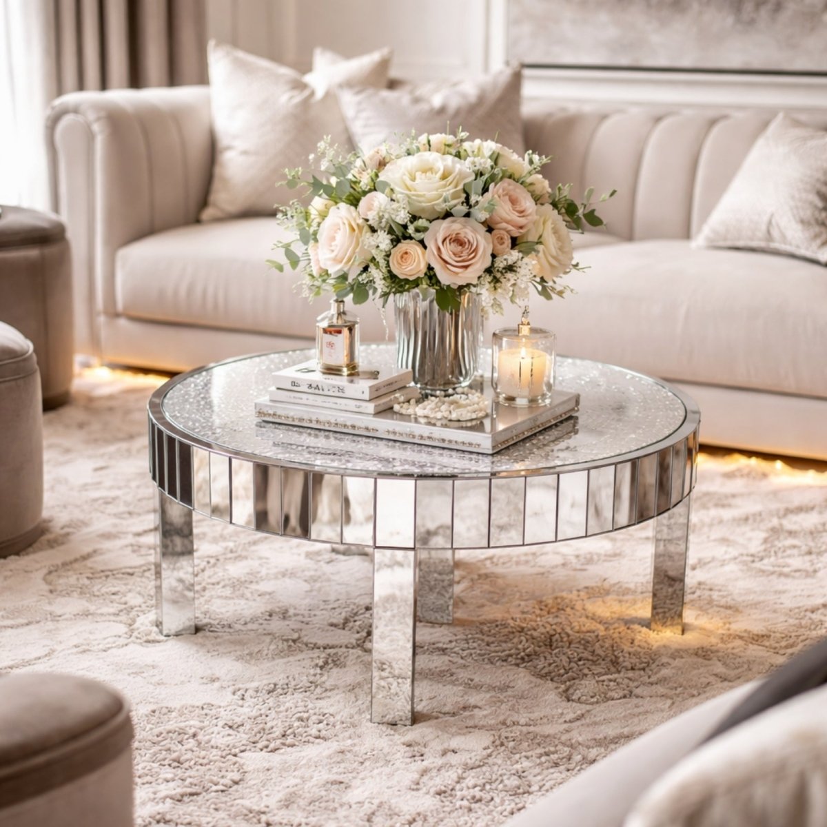 The Kouvr round mirrored coffee table placed on a high-pile white shag rug in a luxurious, brightly lit living room setting.