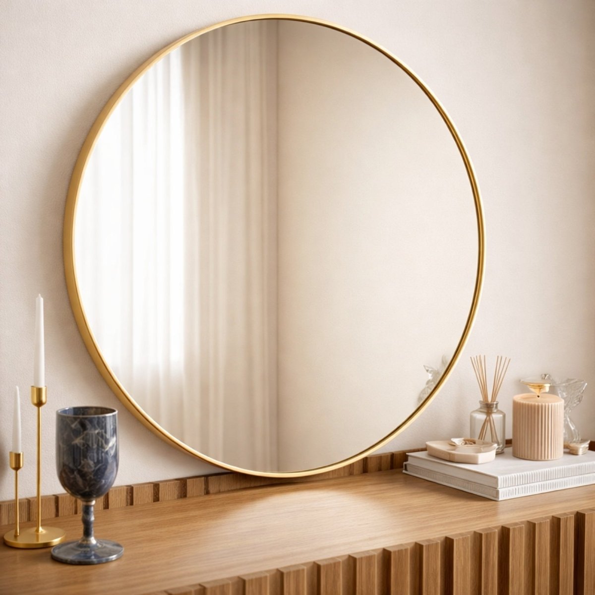 The Kouvr 30-inch round gold mirror styled elegantly above a modern white marble fireplace in a bright, luxurious living room.