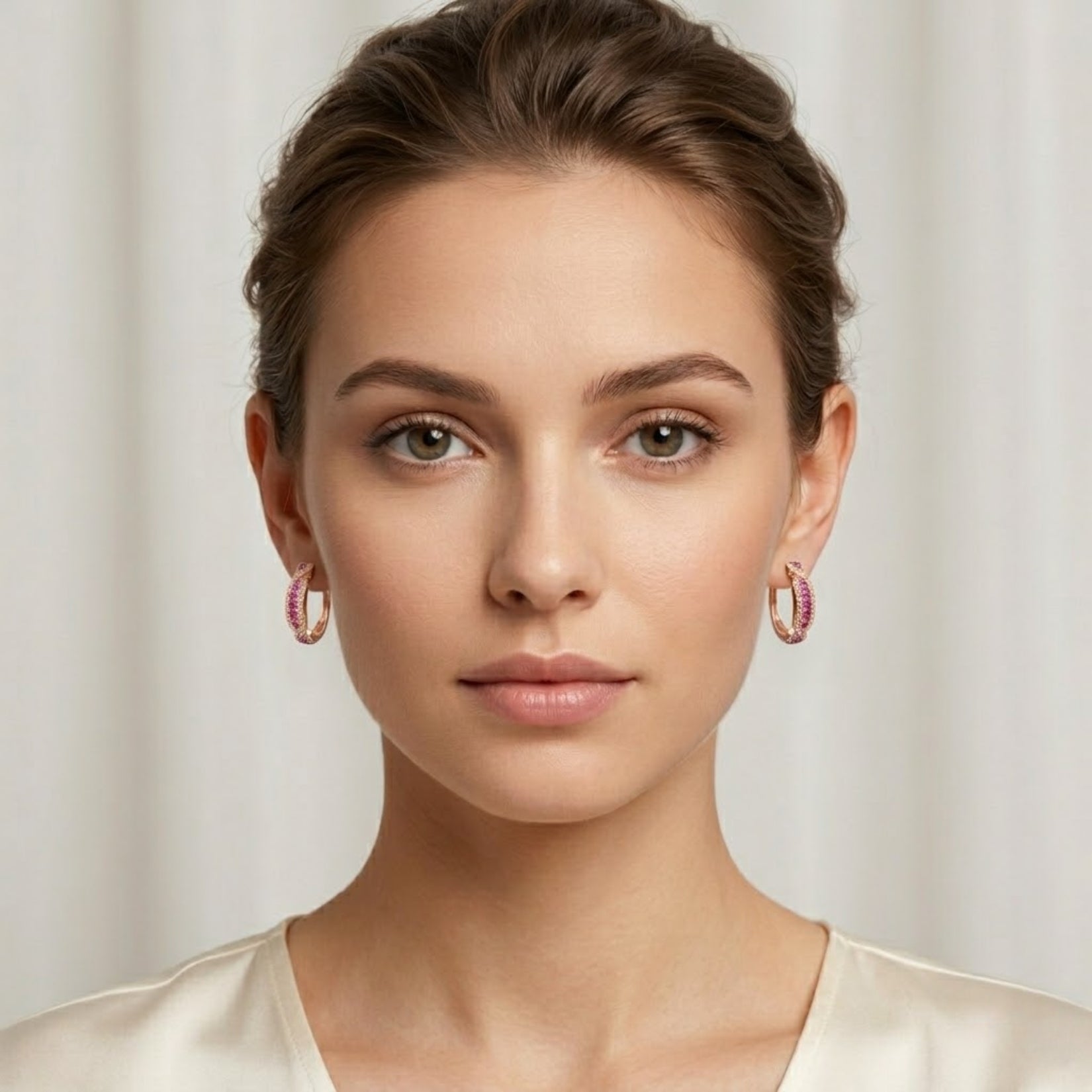 A female model with her hair in a bun wearing Kouvr's 18k rose gold ruby and diamond infinity hoop earrings, showcasing their size and scale.