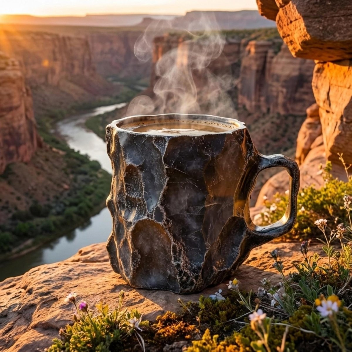 A unique rock-like ceramic coffee mug steaming in the morning light on a cliff edge overlooking a canyon river at sunrise.