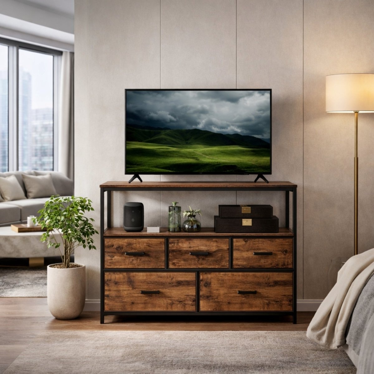 The Kouvr rustic wood TV stand with 5 drawers supporting a television in a contemporary bedroom, highlighting its dual function as storage and media furniture.