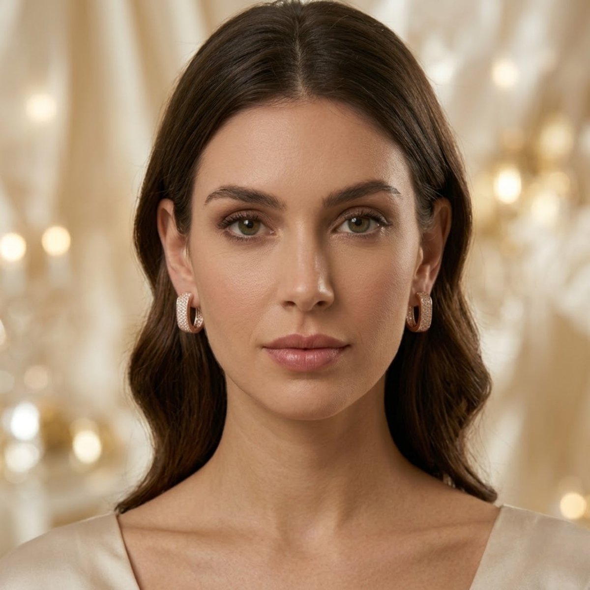 Close-up of a woman with brown hair wearing Kouvr Salome pavé hoop earrings in rose gold, showing scale and fit on the earlobe.