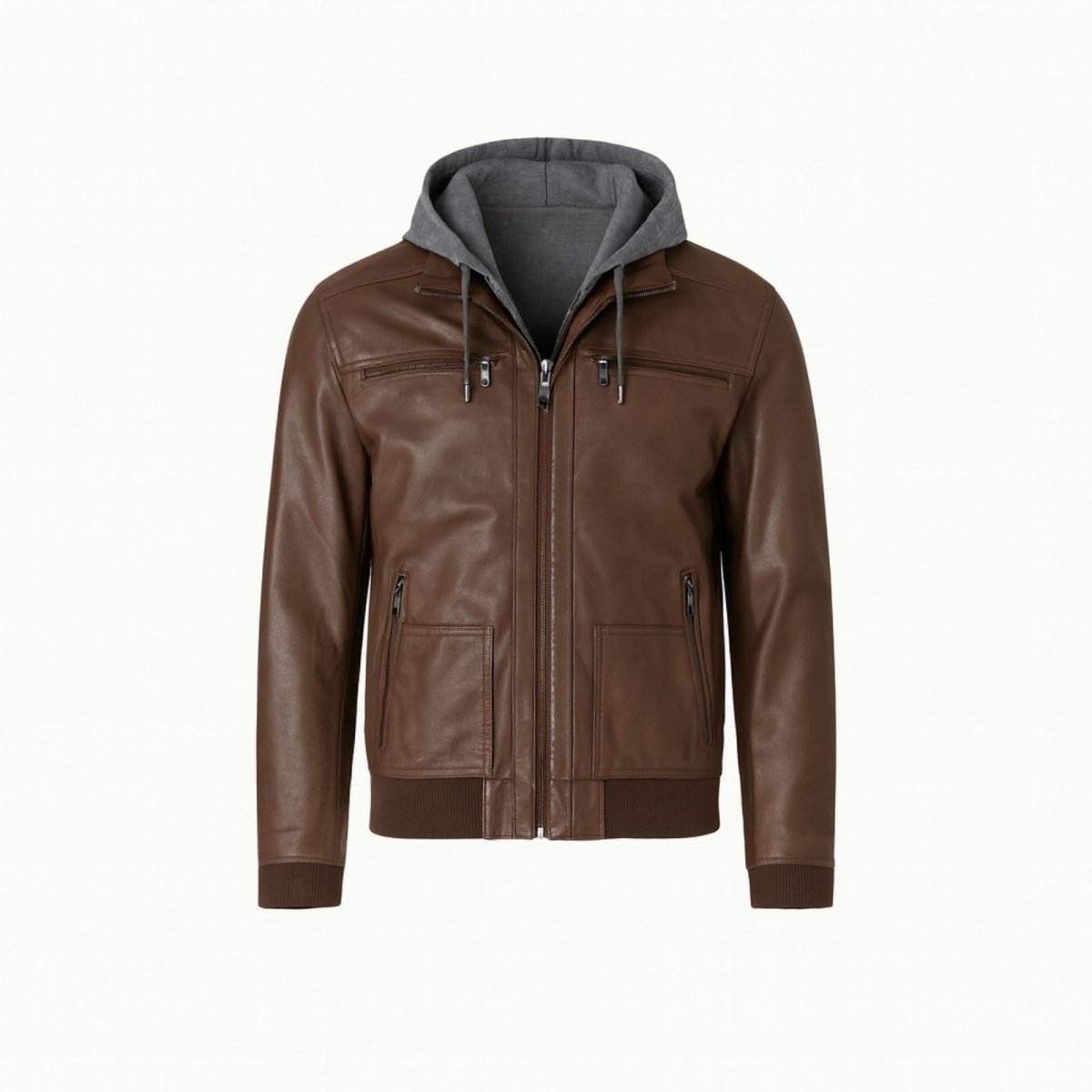 Flatlay product shot of the Kouvr Samson Brown hooded faux leather jacket on a white background, zipped up.