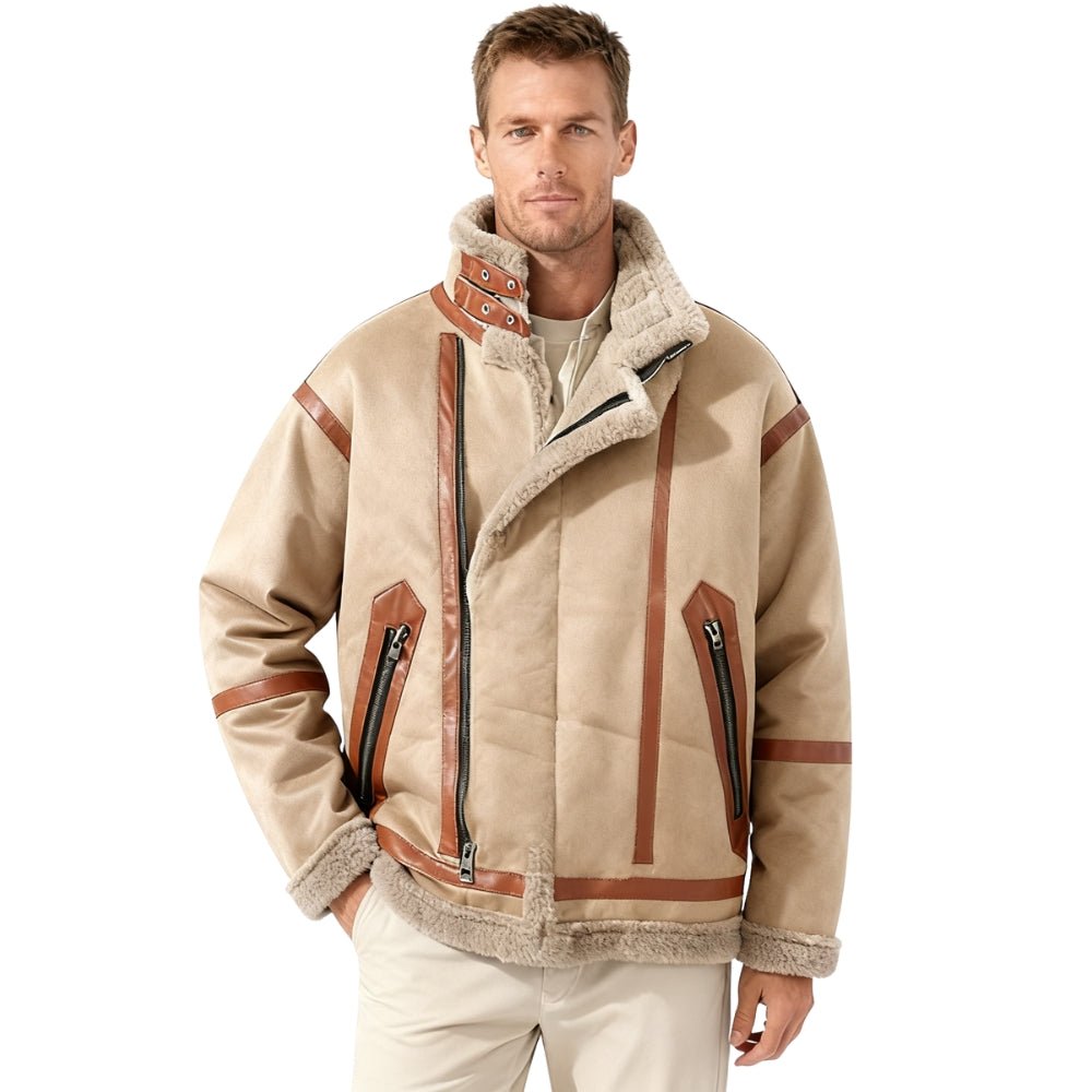 Man wearing a beige Kouvr jacket with brown accents on a white background