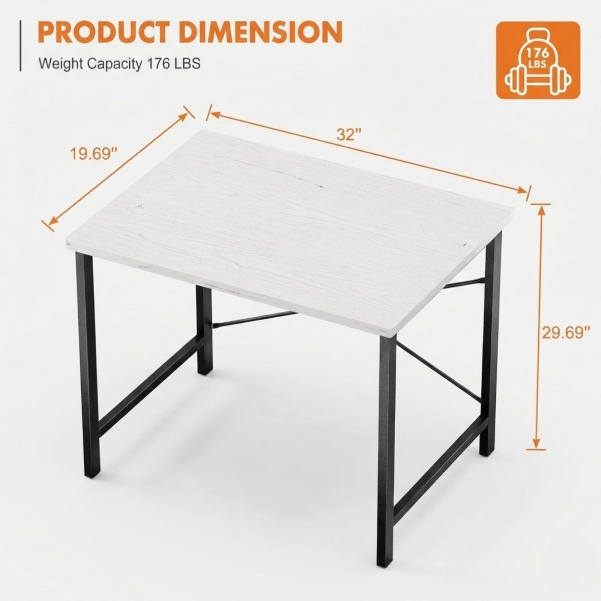 A diagram showing the dimensions of the Kouvr Sanctum desk, highlighting its 32-inch width, 19.69-inch depth, and 176 lbs weight capacity.