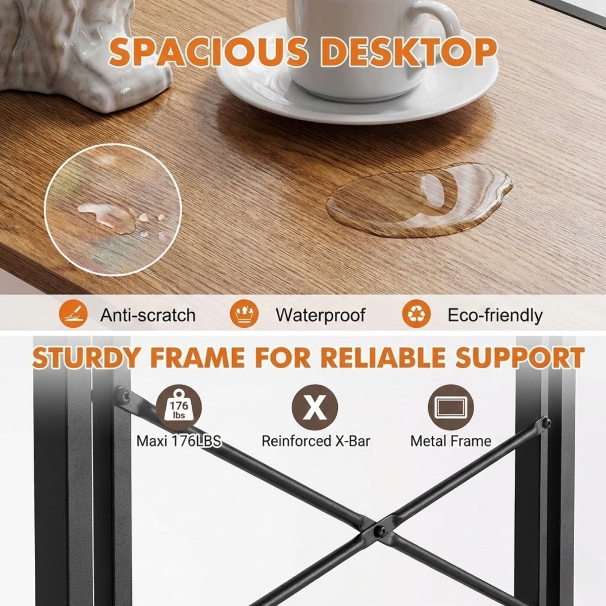 Close-up view of the Kouvr Sanctum desk's white wood-grain surface, demonstrating its waterproof and anti-scratch properties with a magnified water droplet.