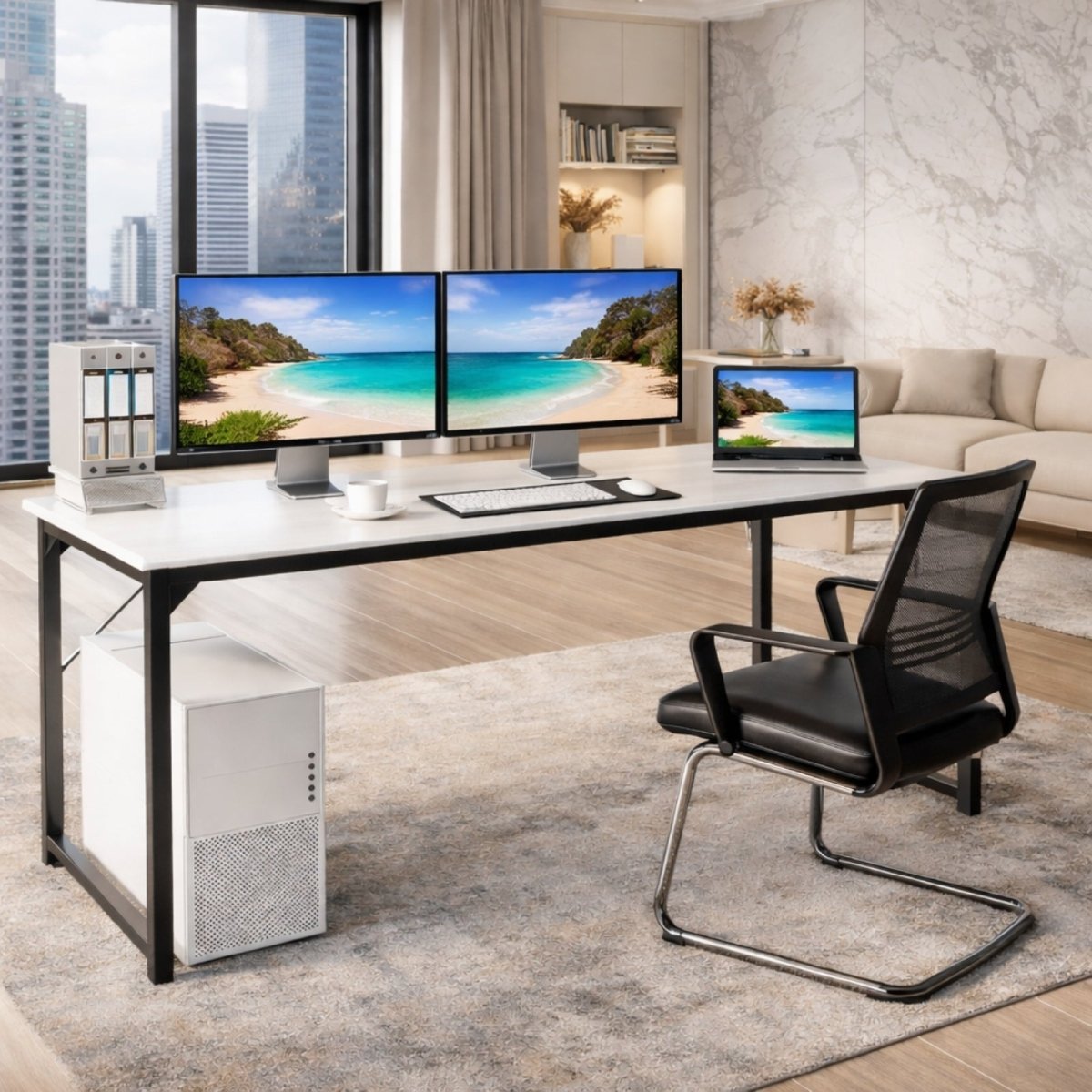 A large white Kouvr Sanctum desk in a spacious, luxury office setting with dual monitors, a laptop, and a white PC tower underneath.