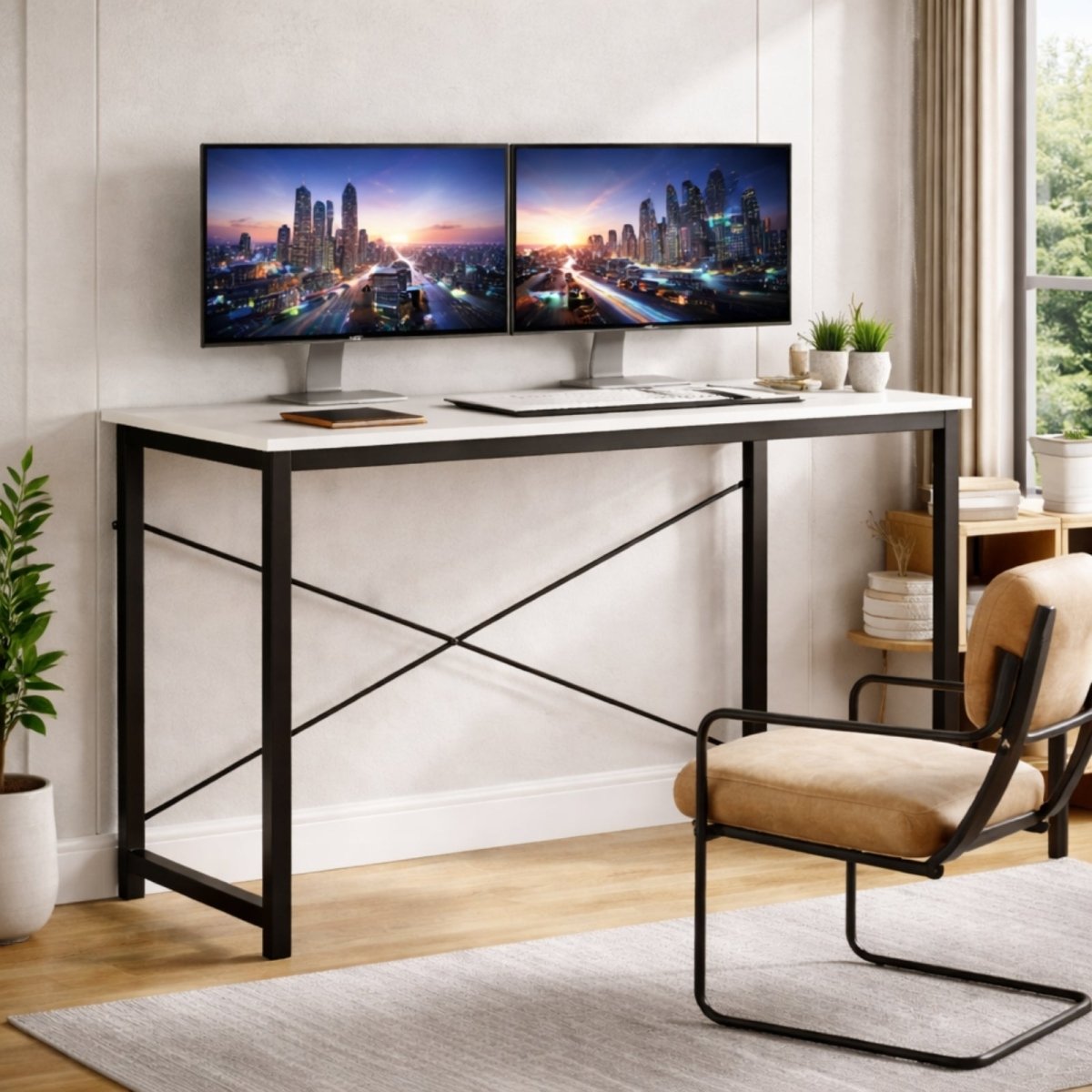 The white Kouvr Sanctum desk shown as a dual monitor workstation against a light-colored wall, styled with a tan leather chair.