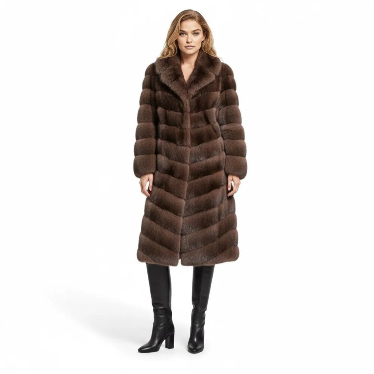 Woman wearing the Sasha long brown chevron faux fur coat from Kouvr Fashion, shown from the front against a white background.